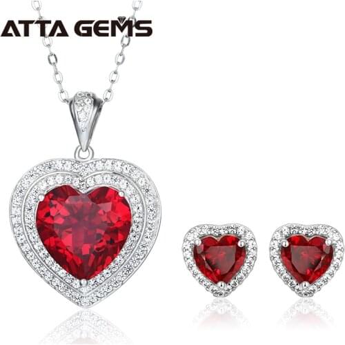 Ruby Sterling Silver Jewelry Set Heart Shape Romantic Design Created Ruby 9.7 Carats Heart Jewelry Set Gifts for Anniversary