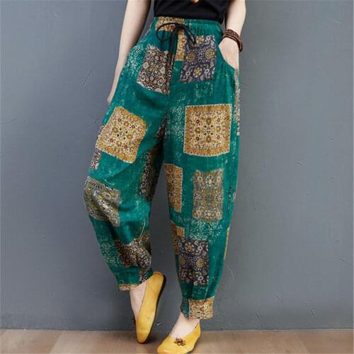 Women Cotton Linen Wide-Leg Pants Nepalese Ethnic Printing Cropped Harem Pants Chic Bloomers 2021 Summer Sarouel