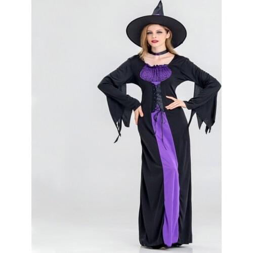 Free shipping Women 2018 New Halloween Witch Costume Adult role play purple witch long dress cosplay costume