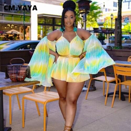 CM.YAYA Women Playsuit Gradient Color Strap Full Flare Sleeve Loose Playsuits with Sashes Sexy Fashion High Streetwear Summer