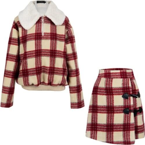 PERHAPS U Women Red Plaid Tweed Button Zipper Pullover Mini Skirt Pencil 2 Two Pieces Set Elegant Winter Faux Lambswool T0044