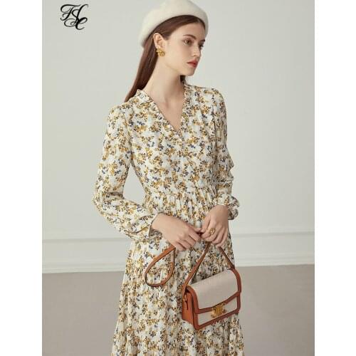 FANSILANEN Ruffle floral print elegant long dress Women long sleeve v neck vintage dress Boho sexy spring autumn maxi dress 2020