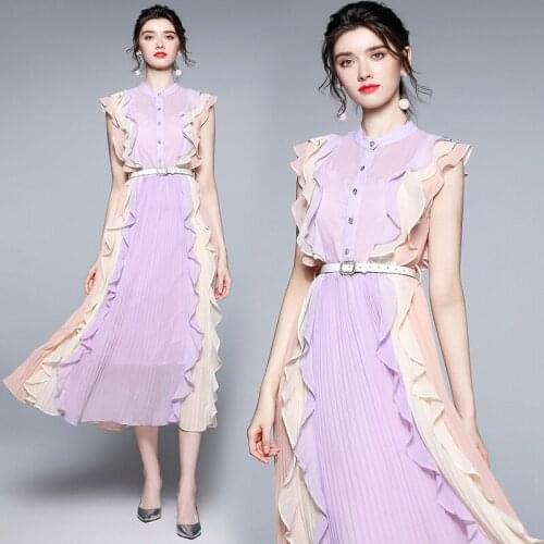 Dropshipping New Summer Runway Color Blocking Crew Neck Belt Ruffled Sleeveless Women Ladies Party Casual A-Line Midi Dress