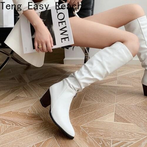 2020 Women Knee High Boots Fashion Folding Slip on Winter High Boots Casual Low Heels White Black Long Slim Ladies Boots 34-43
