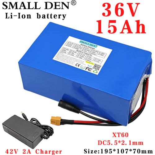 36V 15Ah 18650 10S5P lithium battery pack for 1000W scooter backup power electric bicycle rechargeable battery + 42V 2A charger