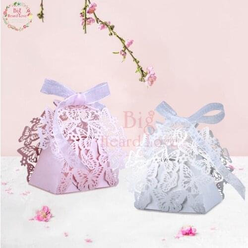 50pcs/lot Butterfly Candy Box Laser Cut Chocolate Box with Ribbon Wedding Party Candy Box Wedding Favor Decoration and Gift