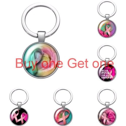 Pink Ribbon Breast Cancer Awareness Glass Cabochon Keychain Bag Car Key Rings Holder Charms Silver Plated Key Chains Women Gifts