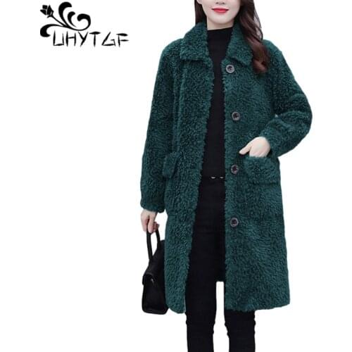 UHYTGF Elegant Mother Winter Fur Jacket Fashion Single-Breasted Loose Plus Size Coat Mid-Length Casual Warm Women Outerwear 1994