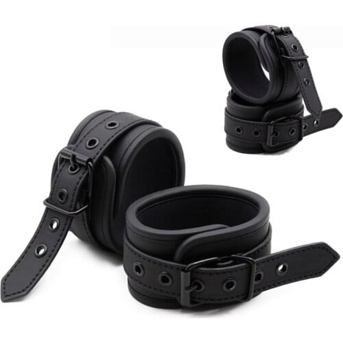 Fetish Sexy BDSM Bondage Handcuff and Ankle Cuff Black Leather Handcuff Sex Toy for Couple Game Metal Bondage Erotic Accessories
