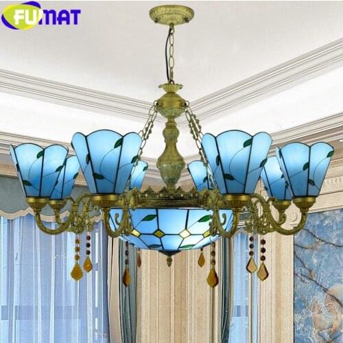 FUMAT Tiffany Chandeliers Lamps Stained Glass Amber Crystal K9 Pendant Multi Heads Art Decor Hanging Lights Fixture European LED