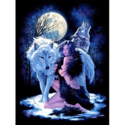 Indian Men Wolf Moon 5D Diy Full Square Round Diamond Painting Cross Stitch Diamond Embroidery Animal Mosaic DiamondZP-3278