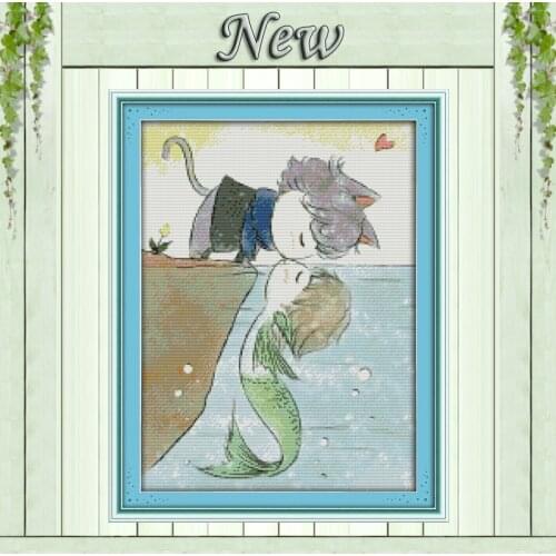 The love of fish and cat decor painting diy Counted Printed on canvas DMC 11CT 14CT Cross Stitch kits Needlework Sets embroidery