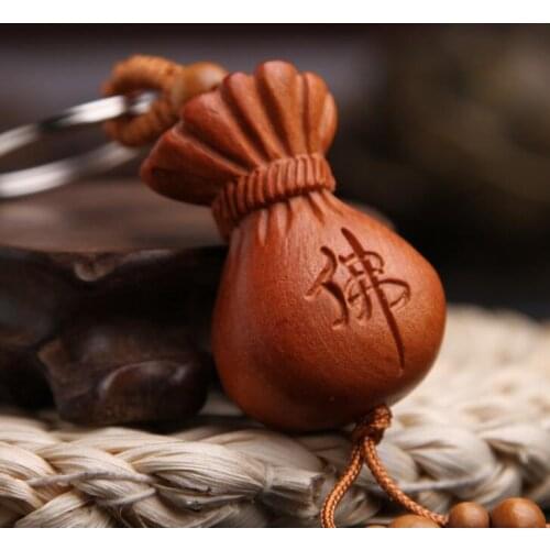 Chinese Peach Wood Carved Word Buddha Word Money Bag Exquisite Car Key Chain Pendant
