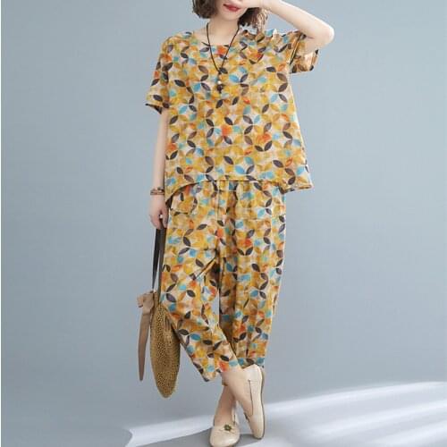 Print Floral Thin Soft Cotton Linen 2 Piece Summer Sets Loose Tops Harem Pants Fashion Women Clothes Set Suits Casual Set