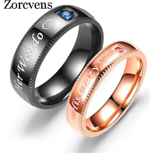 Modyle Promise Couple Rings Trendy Her King & His Queen Custom Crytal Stone Crown Charm Stainless Steel Wedding Ring for Women