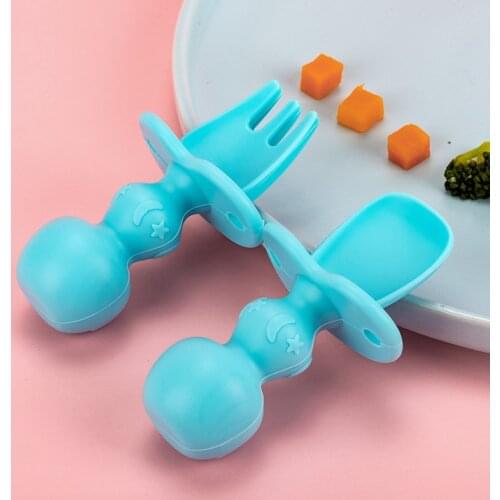 2pcs Childrens Tableware Baby Dishes Set Silicone Fork Spoon Set Feeding Food Childrens Dishes For Games Soft BPA Free