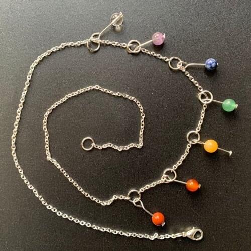 Natural Seven Chakra Stone Crystal Ball Sphere Beads Metal Wrapped Pendant Chain Links Necklace Handmade 55cm 1pc