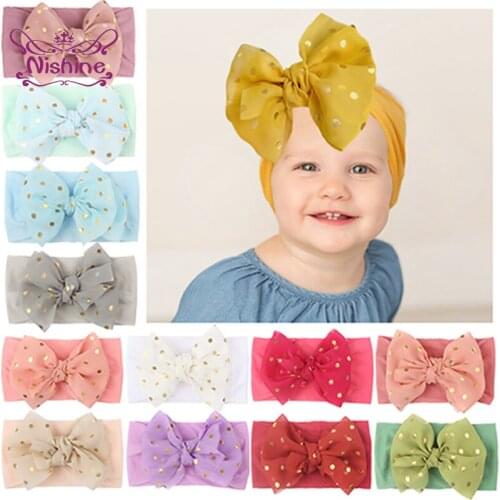 Nishine Fashion Golden Dots Lace Bowknot Elastic Infant Headband Comfortable Soft Nylon Hairband Bows Headwear Baby Accessories