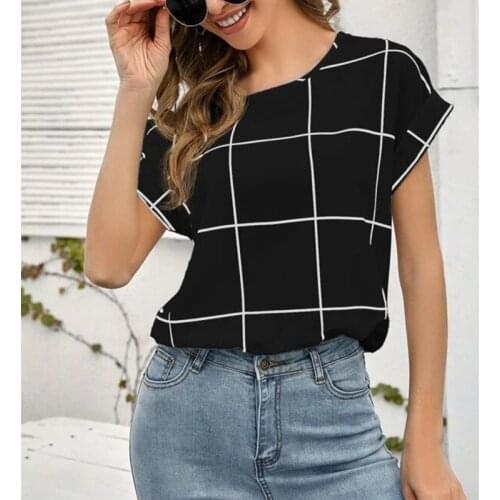 Vintage Plaid Printed Shirt Women New Short Sleeves Fashion Casual Female Tops Loose Elegant Pullover Outfit Summer Office Lady