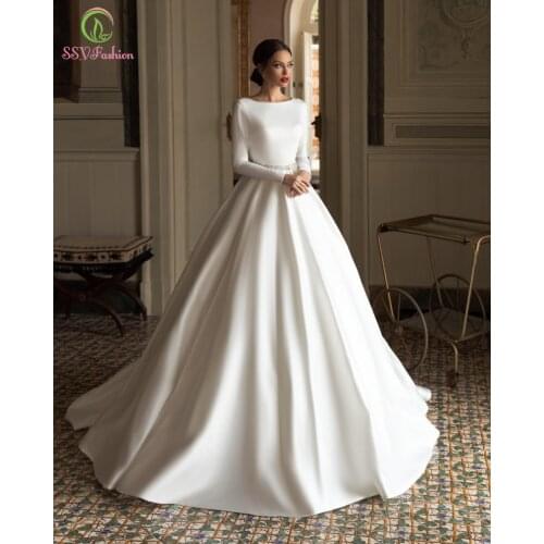 SSYFashhion Long Sleeve Wedding Dress Bride Married Elegant White Satin A-line Beading Backless Wedding Gown Vestido De Novia