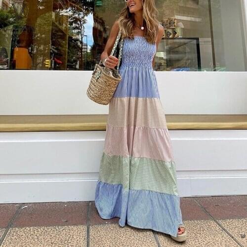 VAZN 2021 Hot High-end Striped Patchwork Long Dress Holiday Chiffon Free Young Vacation Spaghetti Strap Women A-Line Maxi Dress