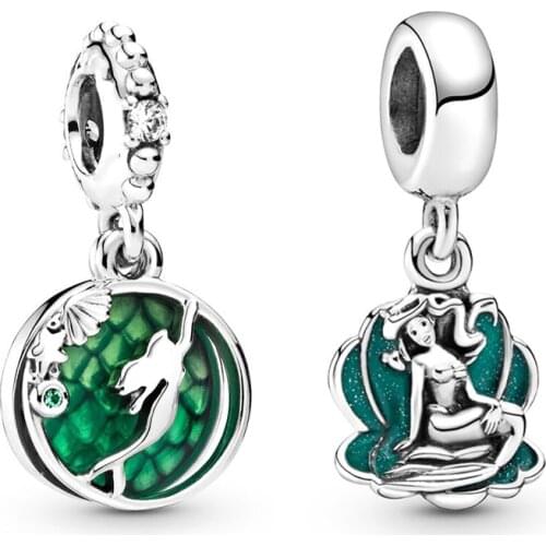 Green Enamel Round Ocean Pendant Fit Original Pandora Charms Bracelet Women Cute Anime Princess Mermaid Beads for Jewelry Making