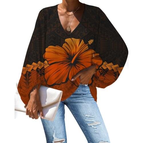 HYCOOL Fall Plus Size Long Sleeve Tops Women Clothes Polynesian Hibiscus Print Brown Lantern Sleeve Sexy V Neck Chiffon Blouses