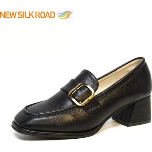 2021 Elegant Charming Mules Womens Shoes British Style Retro Vintage Square Toe Metal Buckle Pumps Thick Heels Femme Chassure