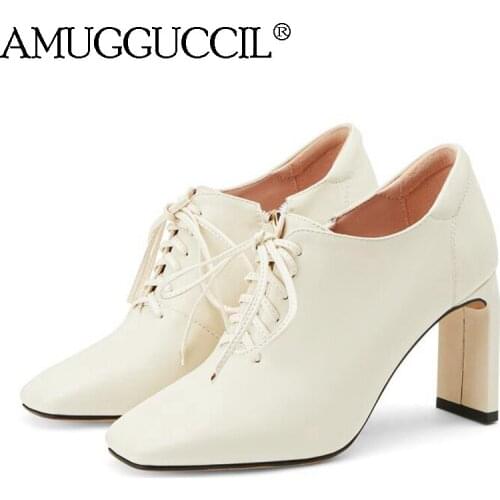 2020 New Genuine Leather Plus Big Size 31-45 Black White Lace Up Fashion High Heel Spring Female Lady Shoes Women Pumps D1340