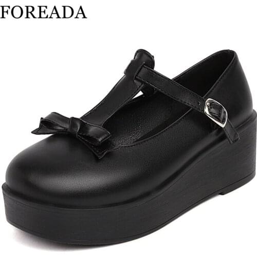 FOREADA Woman Lolita Style Shoes Wedges High Bow Heels Pumps T-strap Platform Lady Footwear Round Toe Buckle Pumps 34-43 Spring
