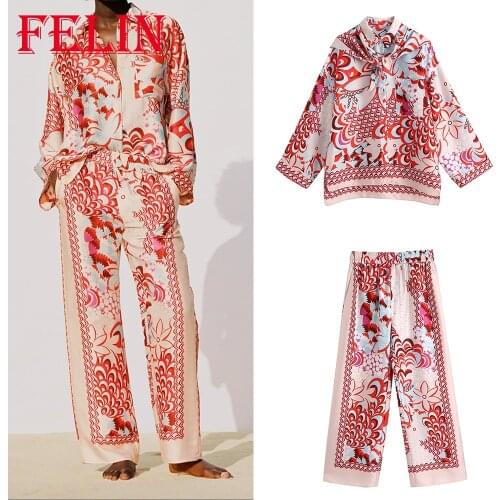 FELIN Za 2021 Stylish Vintage Women Suits Floral Print Oversized Long Shirts and High Waist Wide Leg Pants Boho 2 Pieces Sets