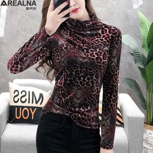 Winter velvet Leopard t shirt women tops long sleeve turtleneck streetwear femme t-shirts bodycon woman tshirts mujer camisetas