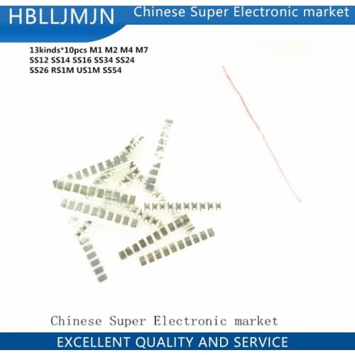 13kinds*10pcs=130pcs/lot SMD diode package / M1 M2 M4 M7 SS12 SS14 SS16 SS34 SS24 SS26 RS1M US1M SS54
