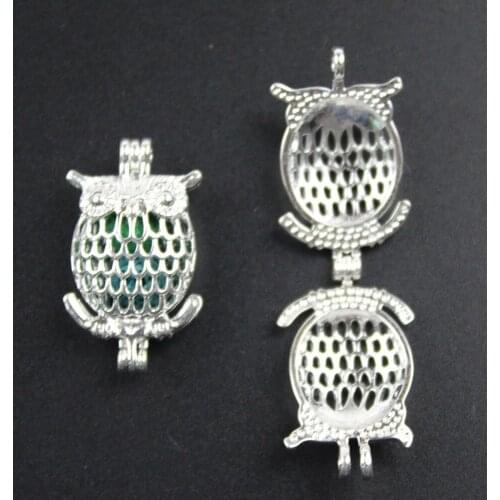 29*19mm,Owl Essential Oil Diffuser Pearl Cage pendant,Aromatherapy Locket Necklace Volcanic Setting Lava Stone Jewelry,HM