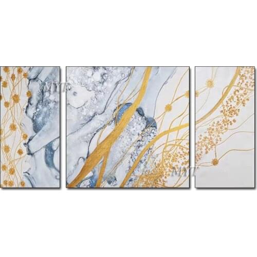100% hand-painted golden lines 3 pieces combination oil painting home modern living room abstract acrylic gold leaf painting