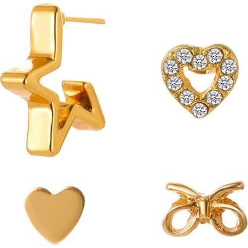 4Pcs/Set Geometric Crystal Star Heart Shaped Earrings Gold Color Alloy Studs Earrings for Women Fashion Ear Stud Jewelry
