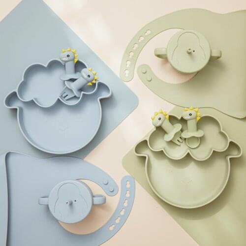 6 pcs Food Grade Silicone Baby Tableware Set Heat Resistant Plate Bib Cup Spoon Fork Set Infant Feeding Nursing Product for Kids