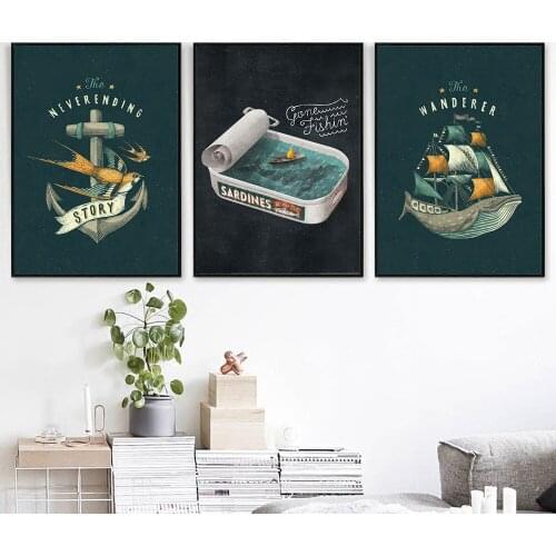 Nordic Abstract Poster Canvas Modern Whale Ship Sardines Tin Box Painting Art Print Wall Picture Living Kids Bedroom Home Decor