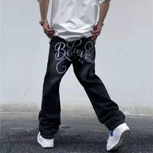 High Street Letter Embroidery Washed Vibe Style Jeans Pants Mens and Womens Straight Retro Ripped Oversize Casual Denim Trousers