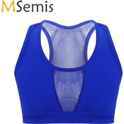 MSemis Kids Racerback Sports Bra Girls Sleeveless Stretchy Mesh Splice Dancing Tanks Tops Crop Top Stage Performance Workout