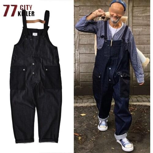 Safari Style Overalls Men Patchwork Contrast Stitch Denim Mens Pants Cargo Multi-pocket Casual Functional Work Jumpsuit M-2XL