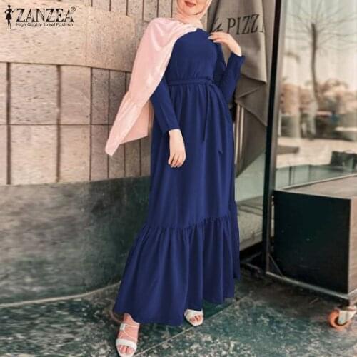 Eid Mubarek Summer Solid Sundress ZANZEA Women Long Sleeve Ruffle Hem Long Muslim Dress Dubai Turkey Abaya Hijab Dress