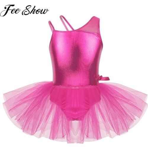 FEESHOW Kids Girls Ballet Tutu Costume One Shoulder Splice Patent leather Mesh Dance Dress Ballet Gymnastics Leotard Tutu Dress