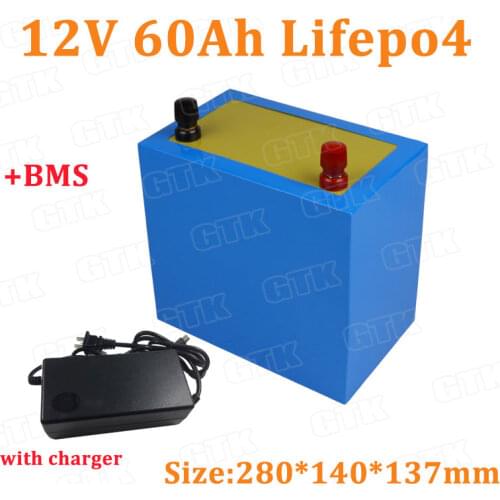 GTK 12V 60Ah Lifepo4 lithium battery pack with 60A BMS for Street Lights camping backup power boating machine +5A charger