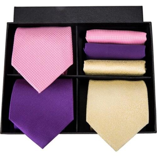 Hi-Tie Designer Brand 100% Silk Made Necktie Pocket Square Cufflinks Set Solid Pattern Tie For Men Box Set For Gift