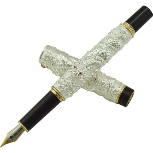 Jinhao Vintage Luxurious Fountain Pen Silver Small Double Dragon Playing Pearl, Metal Carving Embossing Heavy Collection Pen