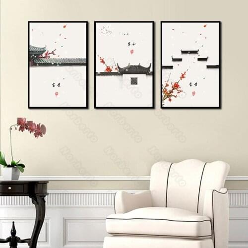 Canvas Painting Wall Poster Traditional Chinese Black Ink Painting Picture Red Plum Best Wishes Rich and Harmony Home Decoration