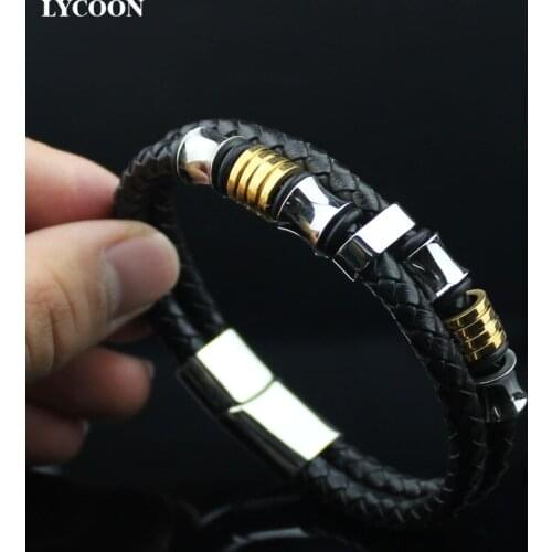 LYCOON Fashion men double genuine leather bracelets 316L stainless steel magnet buckle and beads leather bracelets for men