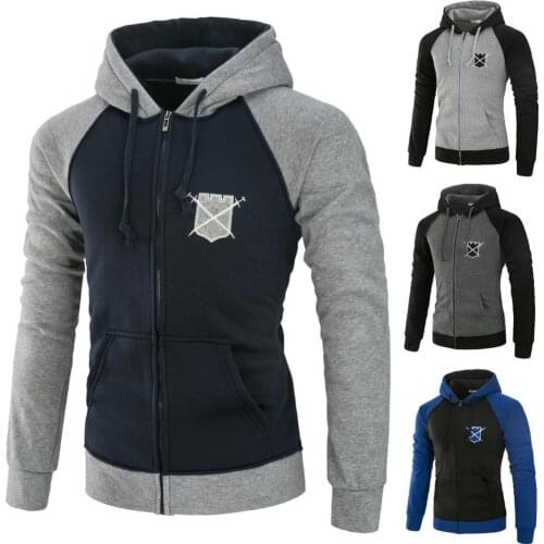 Mens Hooded Sweatshirt Long Sleeve Color Matching Cardigan Hoodies Casual Zipper Slim Fleece Patchwork Tops