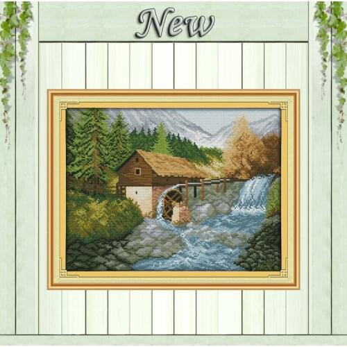 Bridge River waterfall cabin Scenery,counted printed on the canvas DMC 14CT 11CT DIY Cross Stitch Embroidery kits Needlework Set